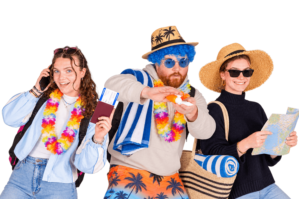 Drie collega's in vakantiekleding met een paspoort, zonnebrand en een kaart, klaar om op reis te gaan